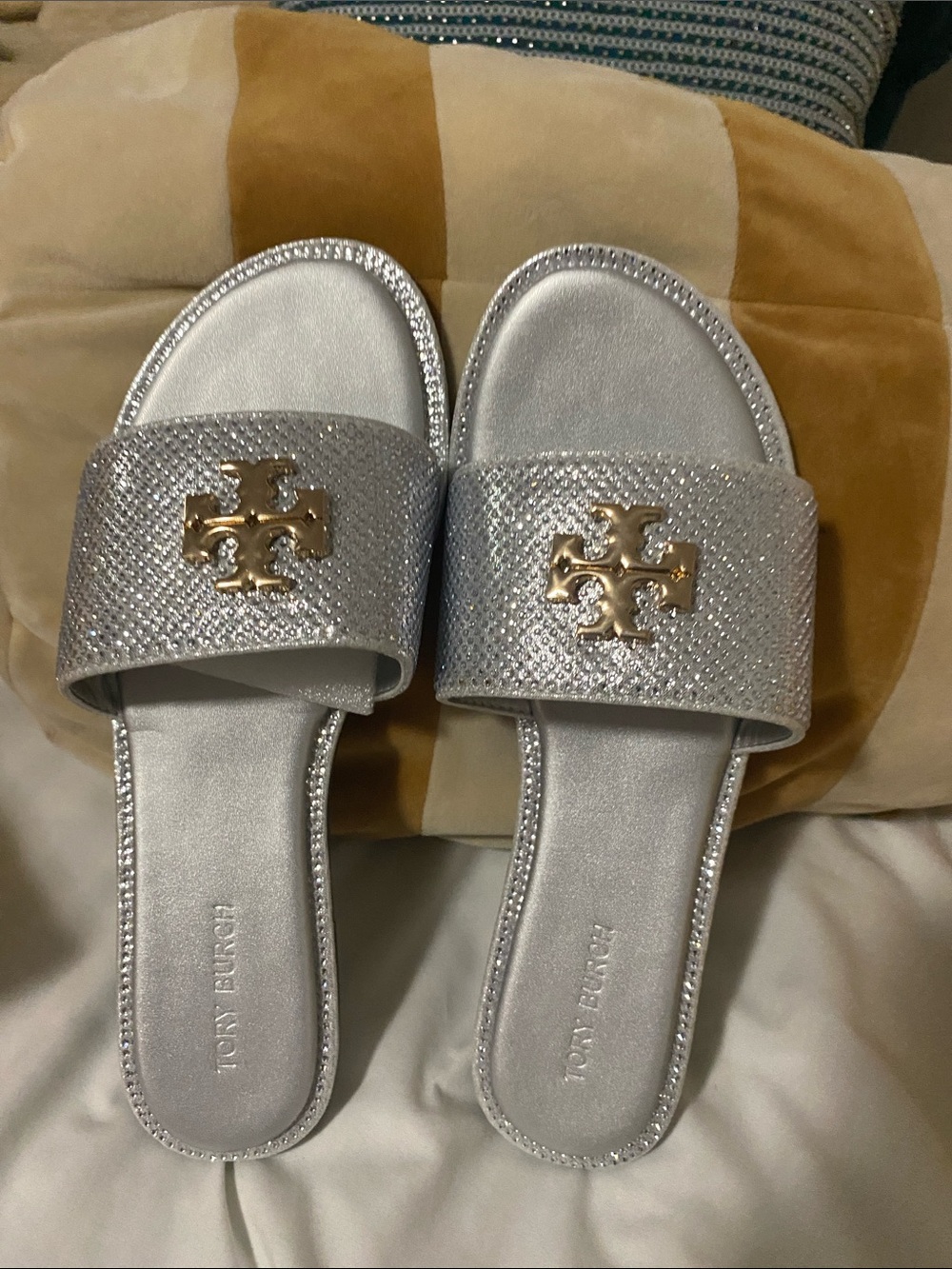 Tory Burch Silver Sparkle Logo Slide Sandals